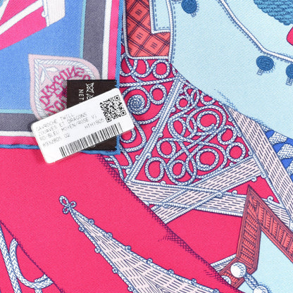 Hermes Silk Zouaves Et Dragons Pocket Square Bleu Moyen Rose Vif 4 of 4