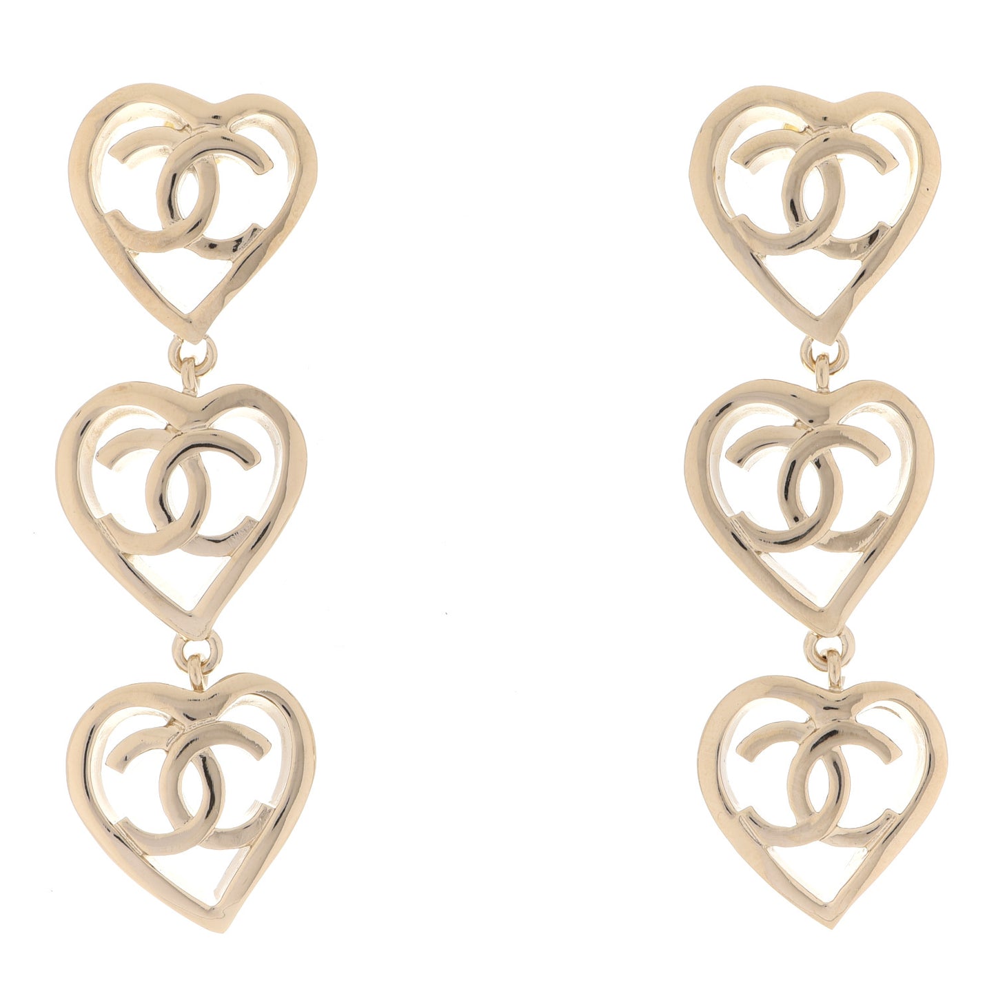 Metal CC Triple Heart Coco In Love Drop Earrings Gold