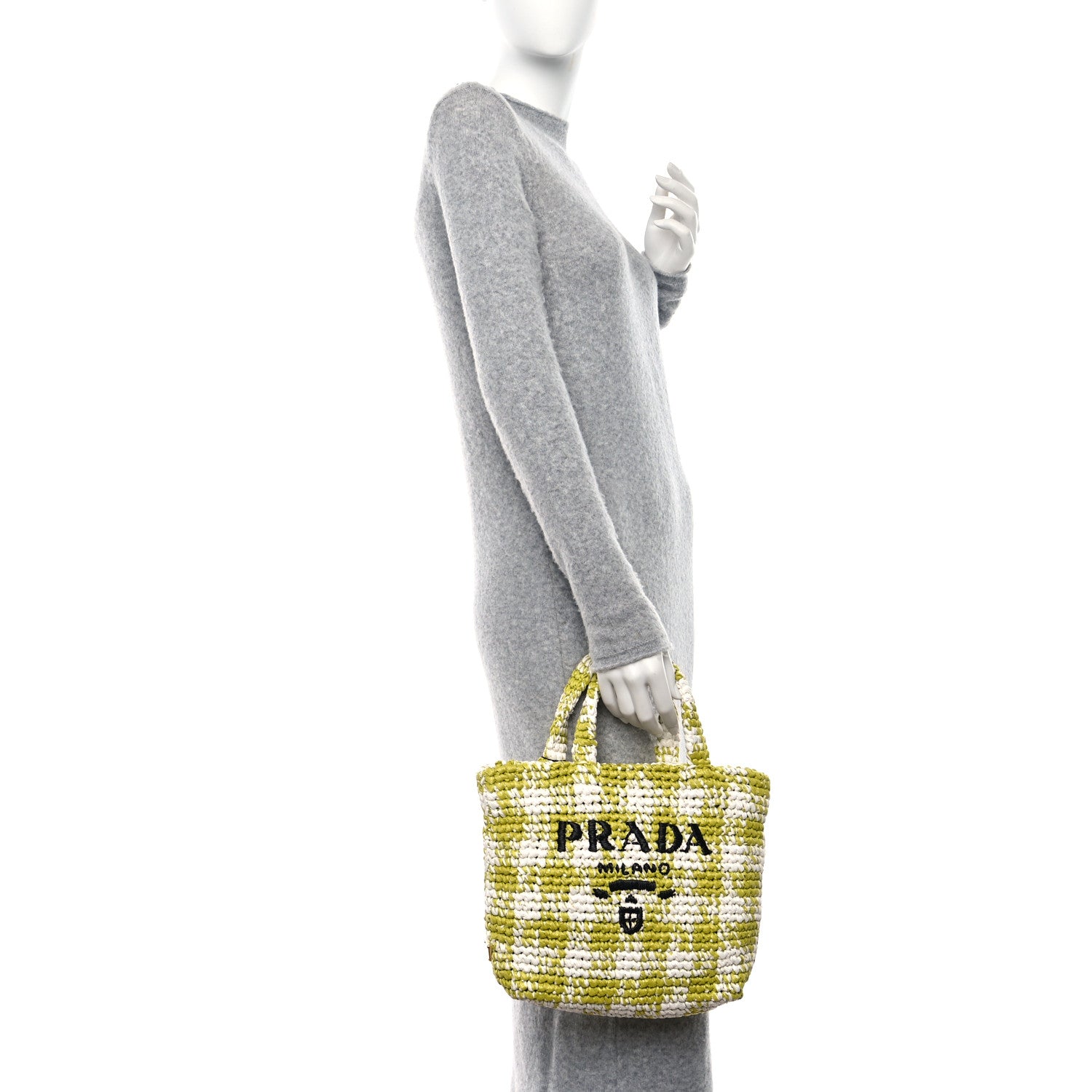 Prada Yarn Raffia Effect Crochet Embroidered Small Logo Tote Citron Yellow 3 of 9