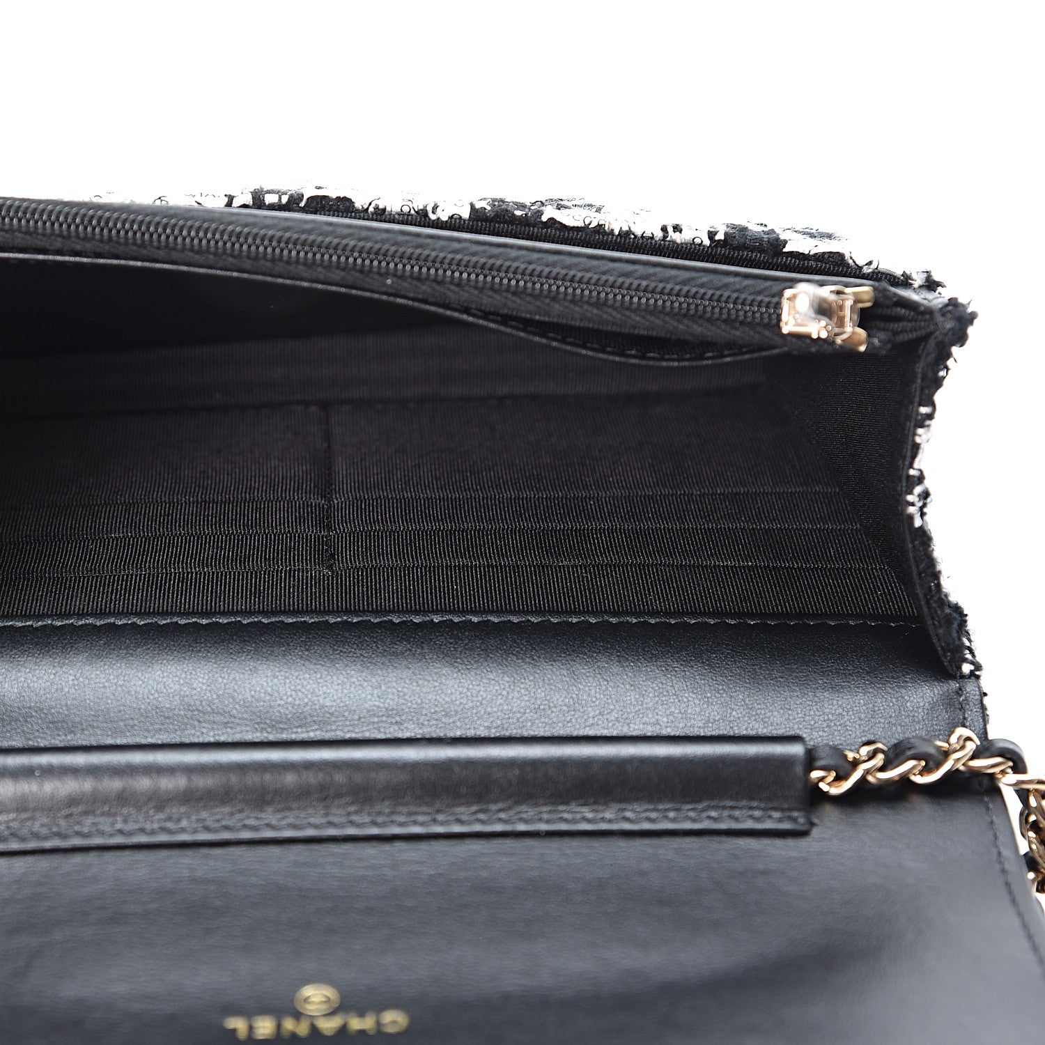 Chanel Tweed Quilted Wallet On Chain WOC Black Ecru White 4 of 10