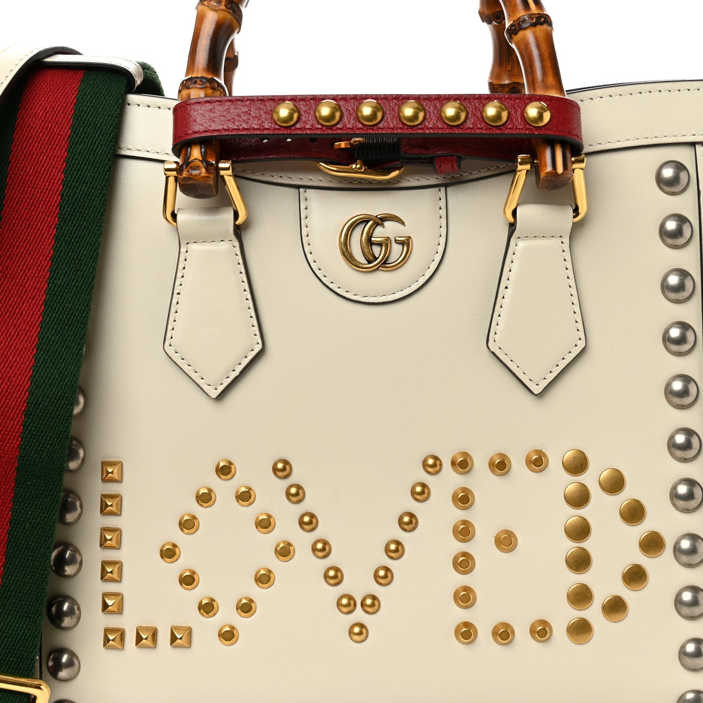 Calfskin Studded Loved Small Diana Tote Bag Mystic White Hibiscus Red