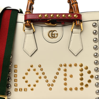 Gucci Calfskin Studded Loved Small Diana Tote Bag Mystic White Hibiscus Red 7 of 11