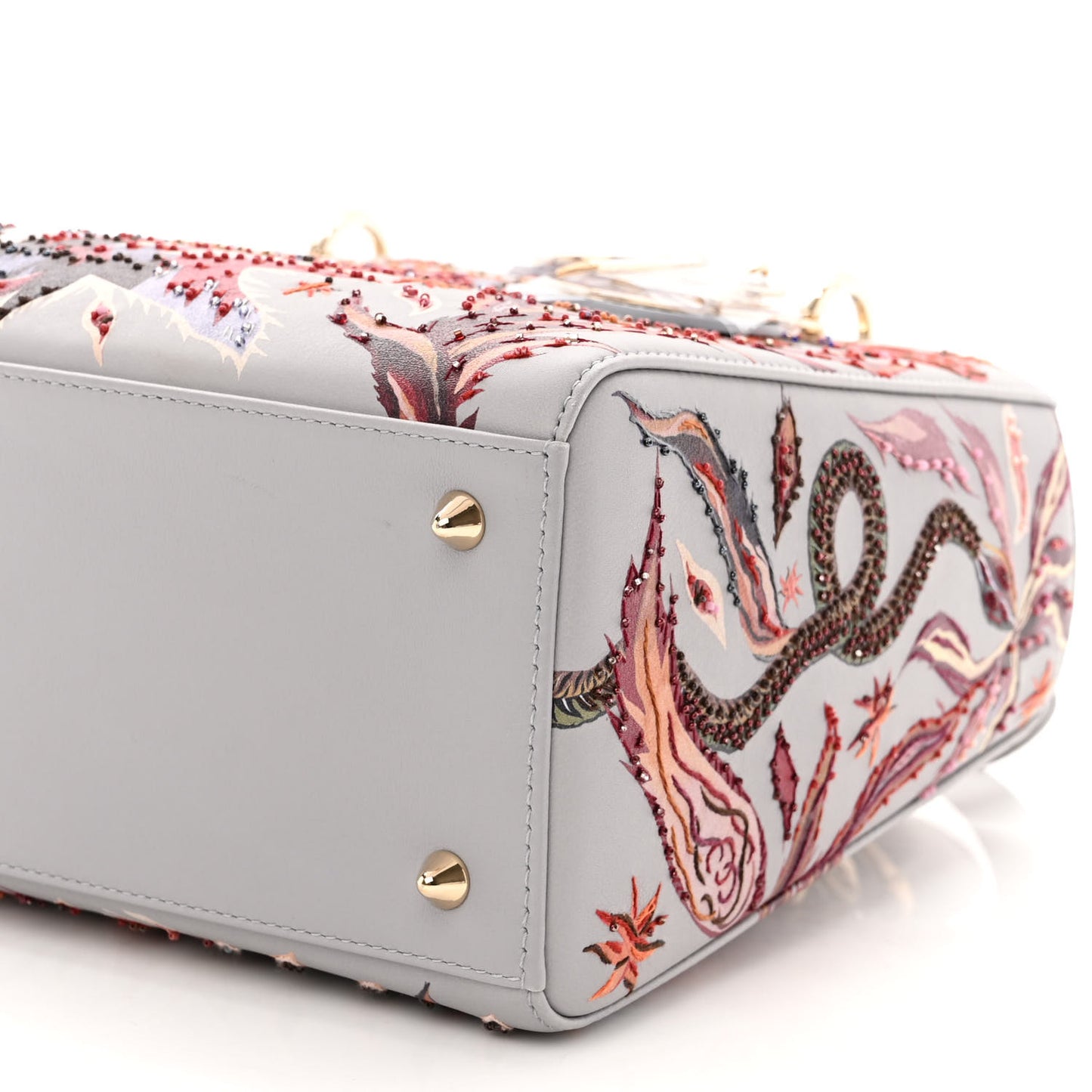 Calfskin Embroidered Beaded Medium Nature Ballet Lady Dior Grey Multicolor