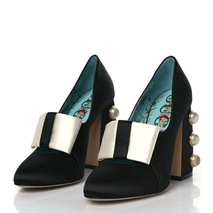 Gucci Silk Satin Pearl Studded Luna Bow Pumps 36 Black Gold 3 of 8