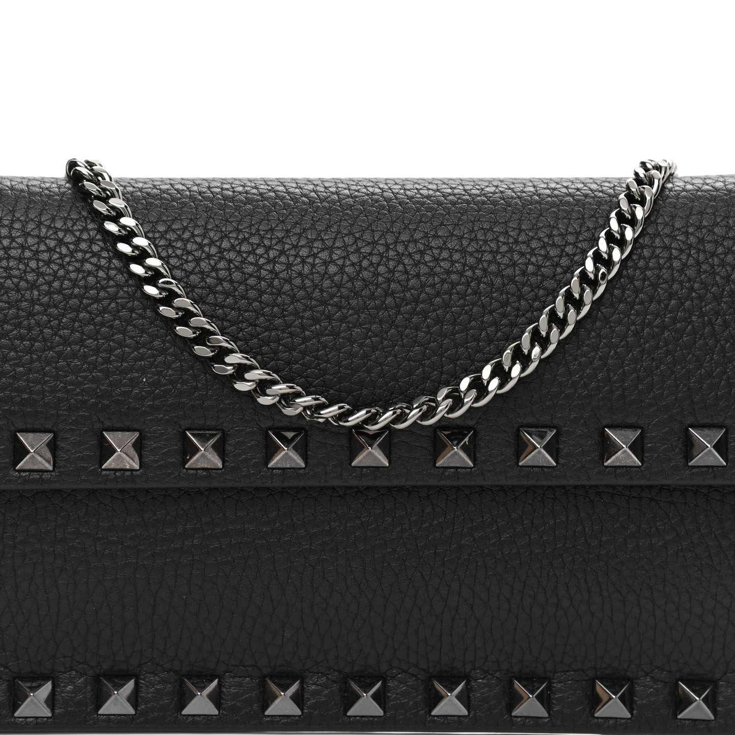 Grained Calfskin Rockstud Flap Wallet On Chain Black