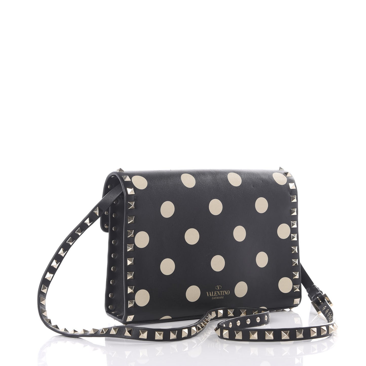 Vitello Polka Dot Medium Rockstud Flip Lock Crossbody Bag Black Light Ivory