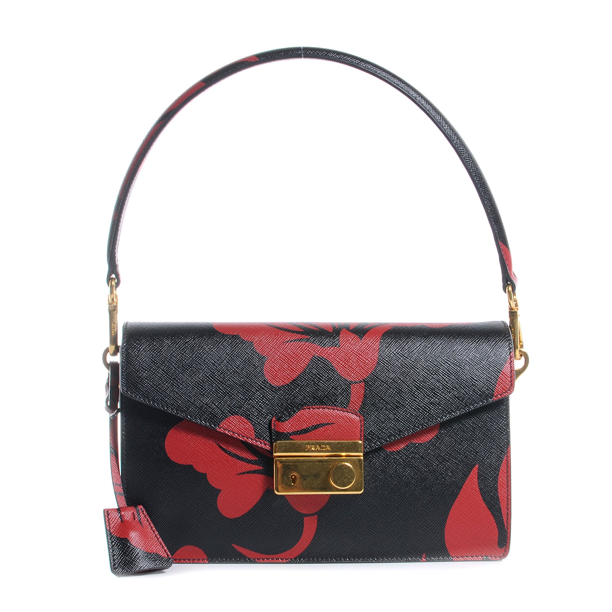 Prada Saffiano Hibiscus Sound Shoulder Bag Black Rosso 1 of 7