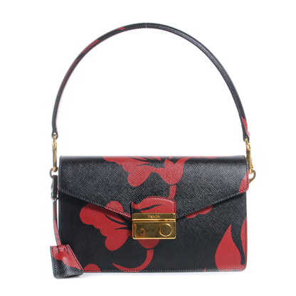 Prada Saffiano Hibiscus Sound Shoulder Bag Black Rosso 1 of 7