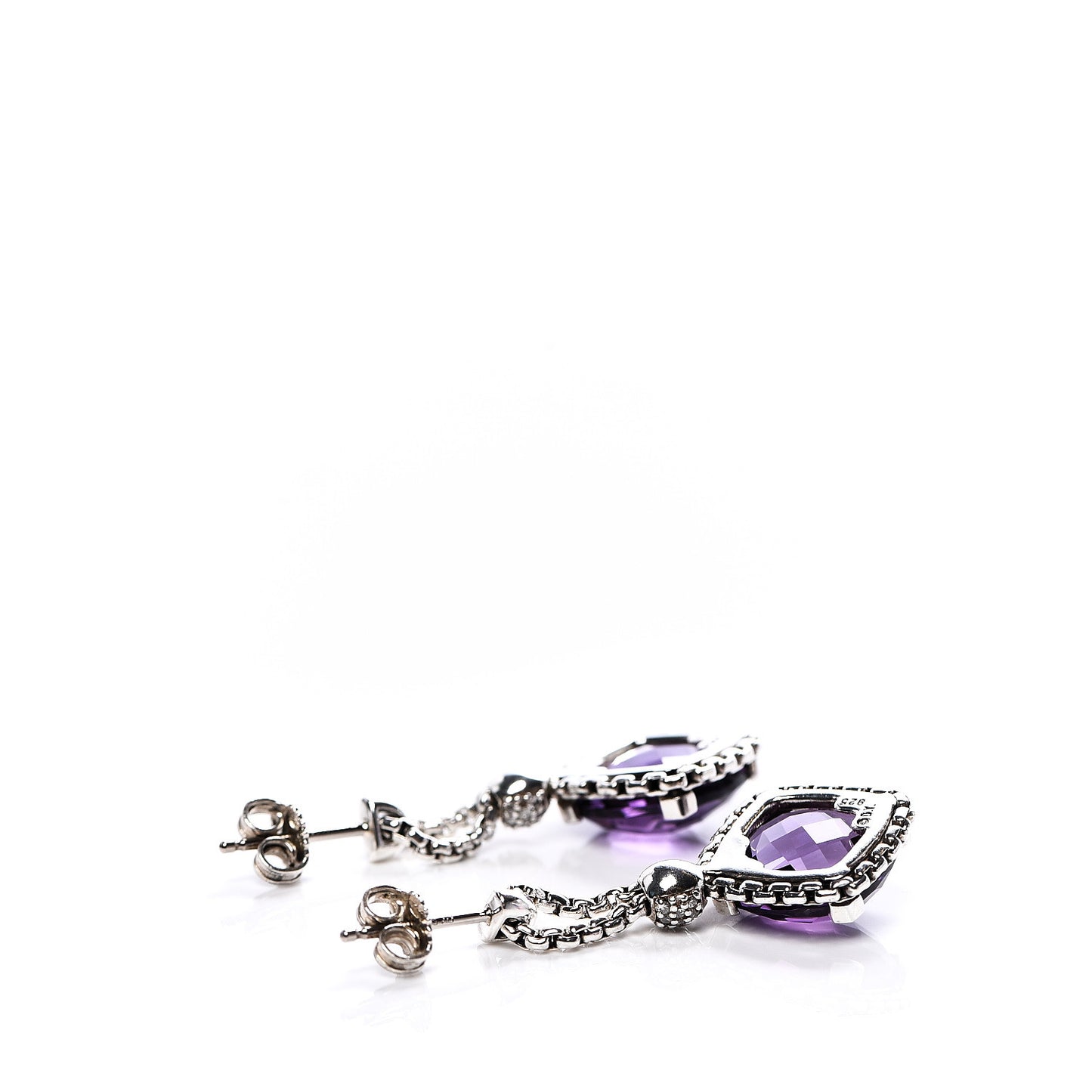 Sterling Silver Diamond Amethyst Cushion On Point Drop Earrings