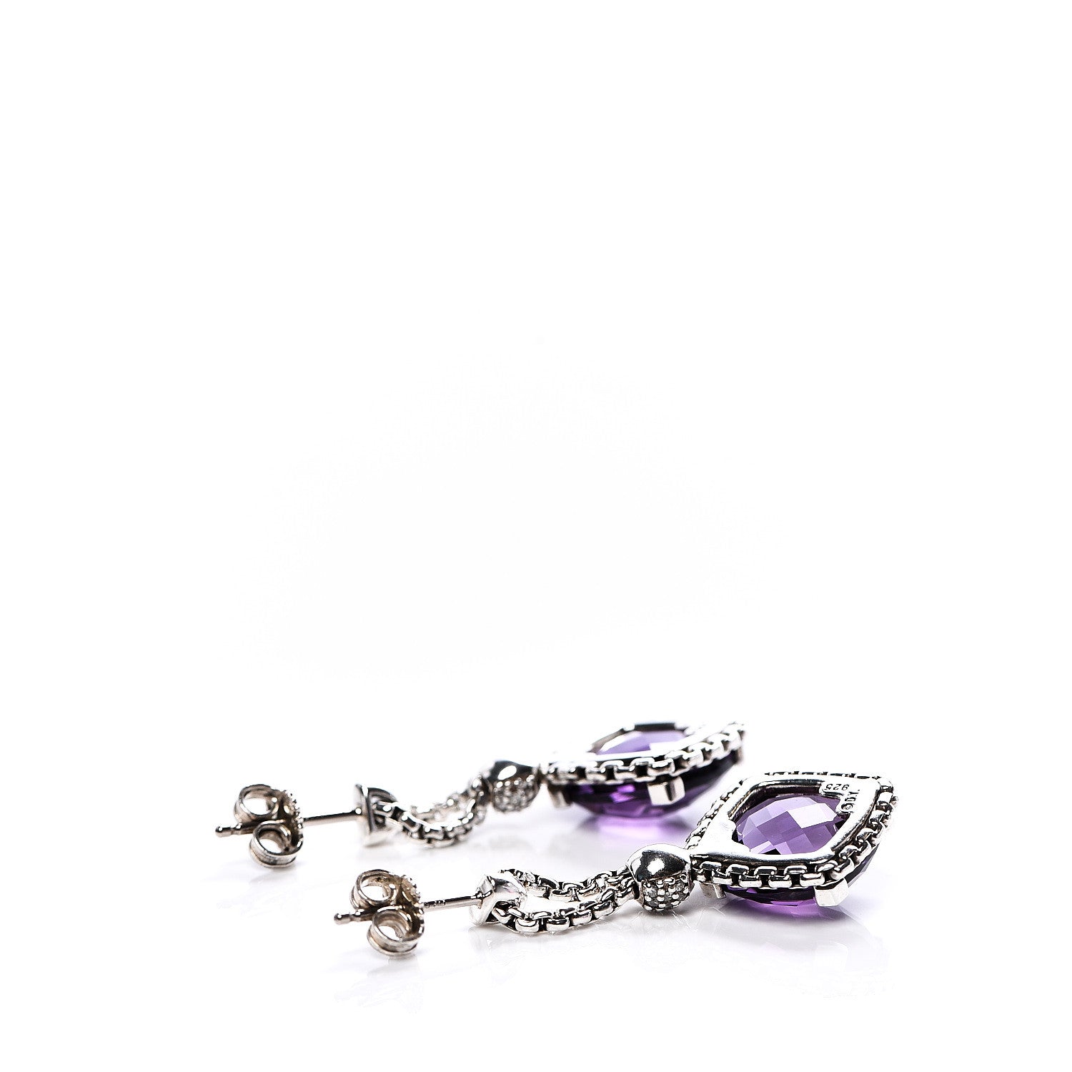 David Yurman Sterling Silver Diamond Amethyst Cushion On Point Drop Earrings 3 of 4