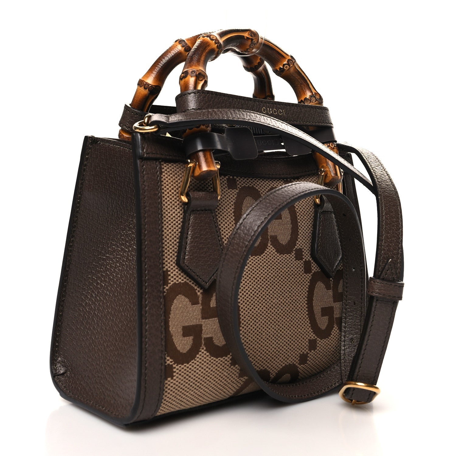 Gucci Monogram Jumbo GG Textured Dollar Calfskin Mini Diana Tote Bag Camel Ebony New Acero 3 of 10