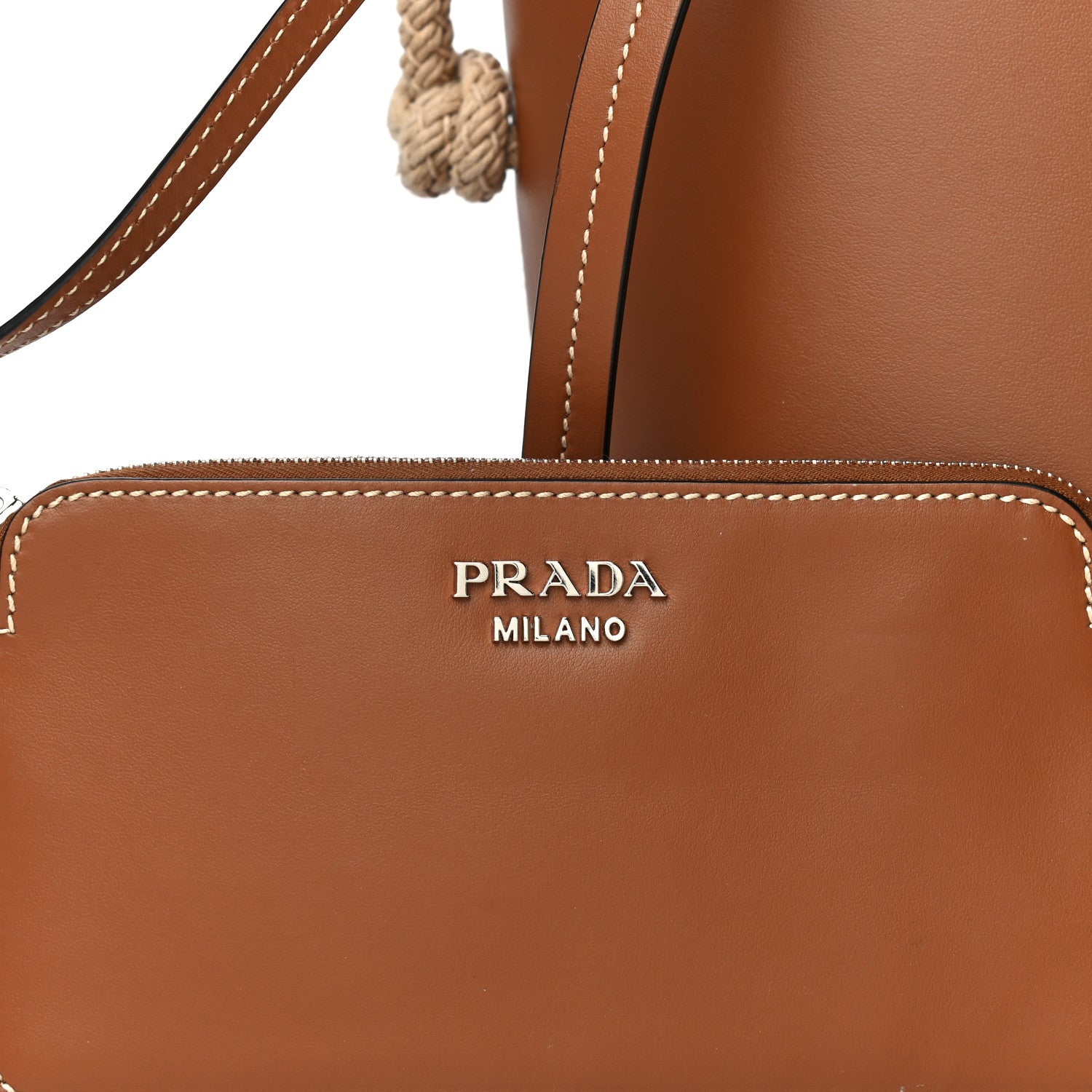 Prada City Calfskin Knotted Rope Bucket Bag Cognac 18 of 19