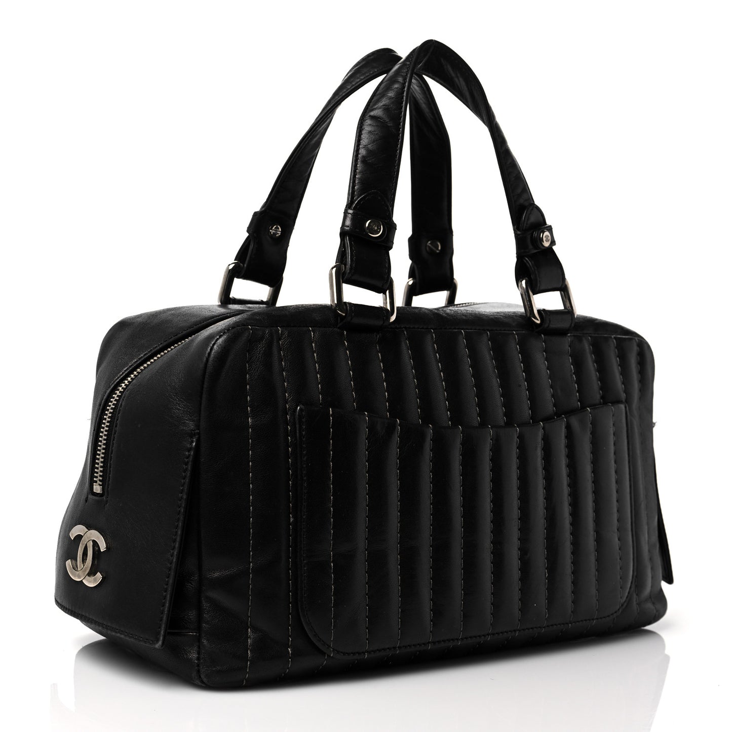 Lambskin Vertical Quilted Mademoiselle Satchel Black