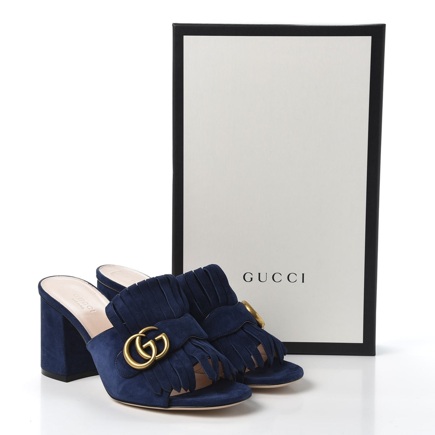 Kid Scamosciato GG Marmont Fringe 75mm Slide Sandals 38.5 Blue Ink
