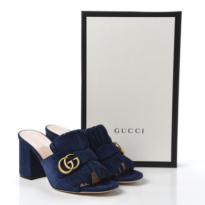 Gucci Kid Scamosciato GG Marmont Fringe 75mm Slide Sandals 38.5 Blue Ink 10 of 10