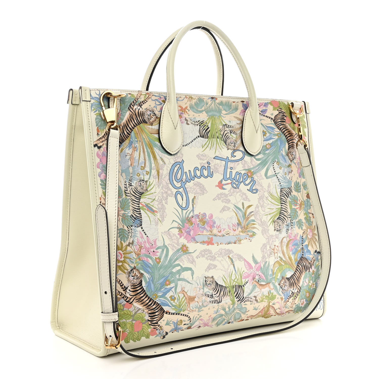 Gucci New Shangai Calfskin Tiger Savanah Textured Calfskin Medium Tote Chalky White Multicolor 3 of 20