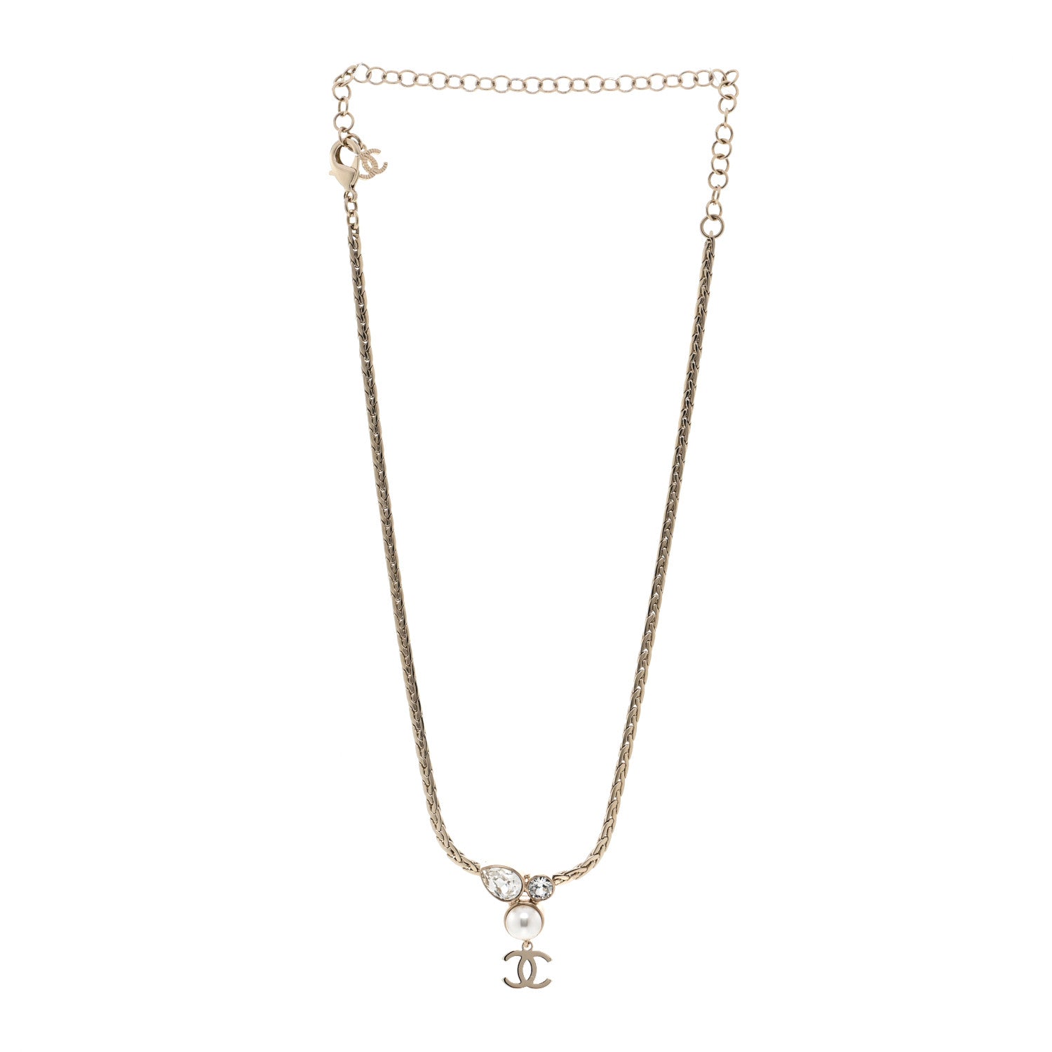Chanel Pearl Crystal CC Teardrop Braided Necklace Gold 3 of 6