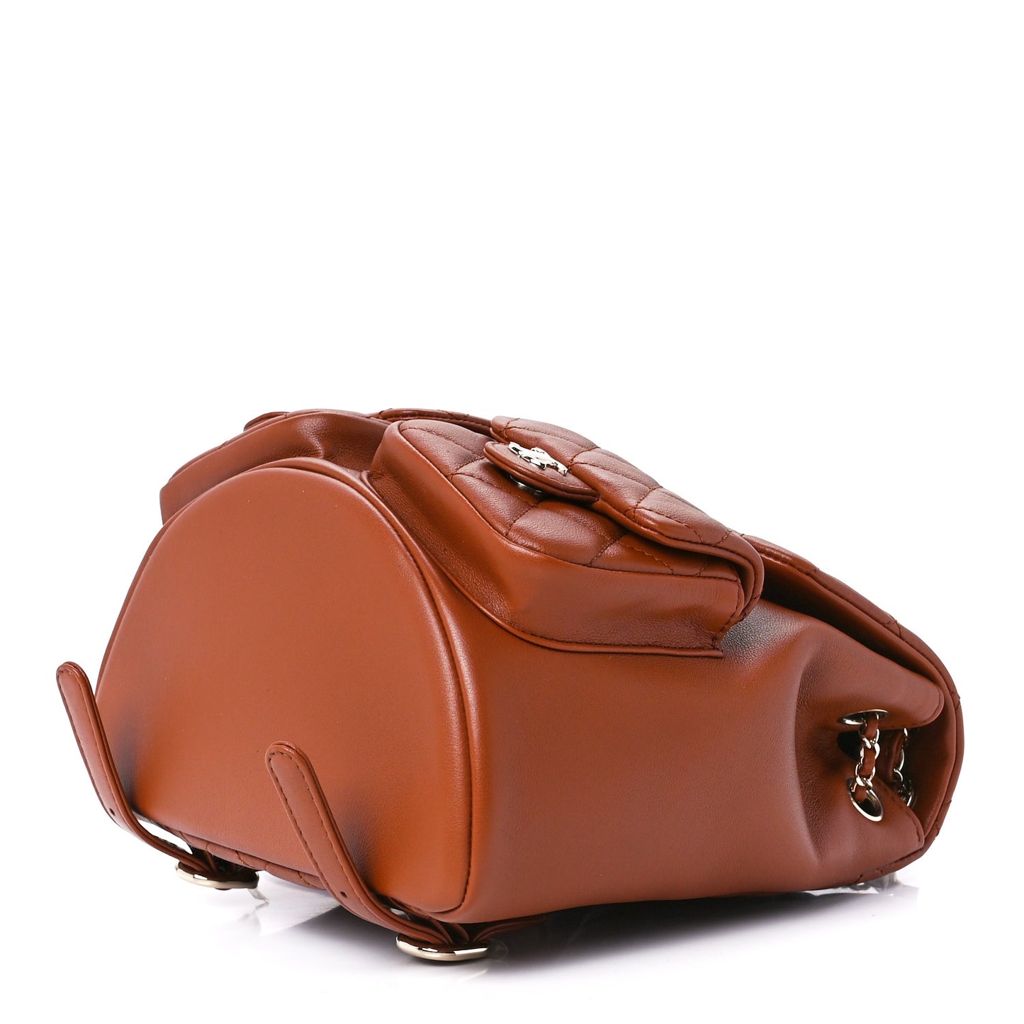 Shiny Calfskin Quilted Medium Duma Pockets Drawstring Backpack Brown