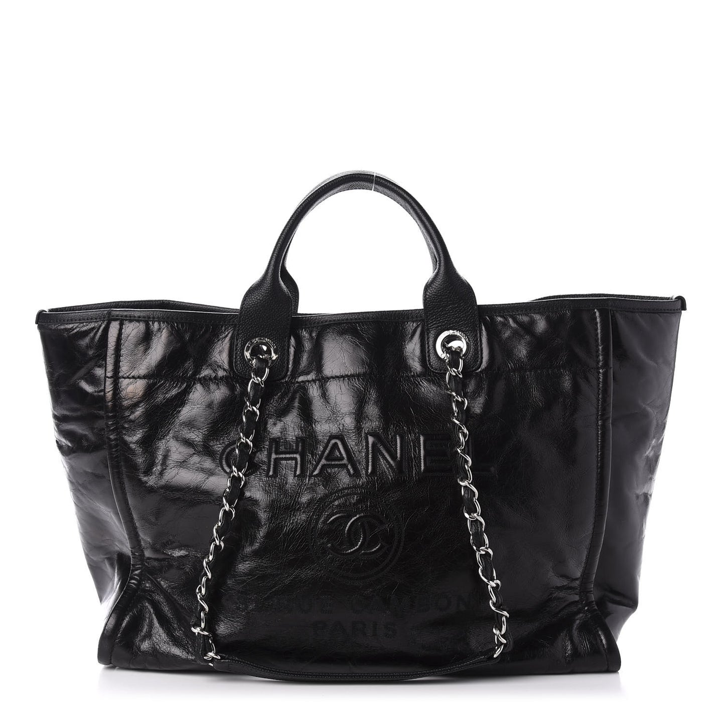 Glazed Calfskin Medium Deauville Tote Black