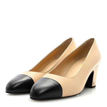 Chanel Lambskin Cap Toe CC Pumps 40 Beige Black 3 of 7