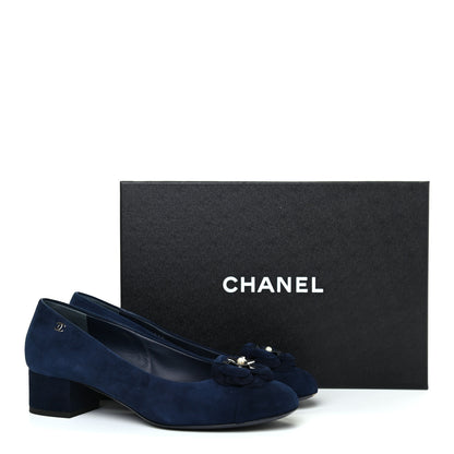 Chanel Kid Suede Pearl Camellia Cap Toe Pumps 38 Navy 12 of 12