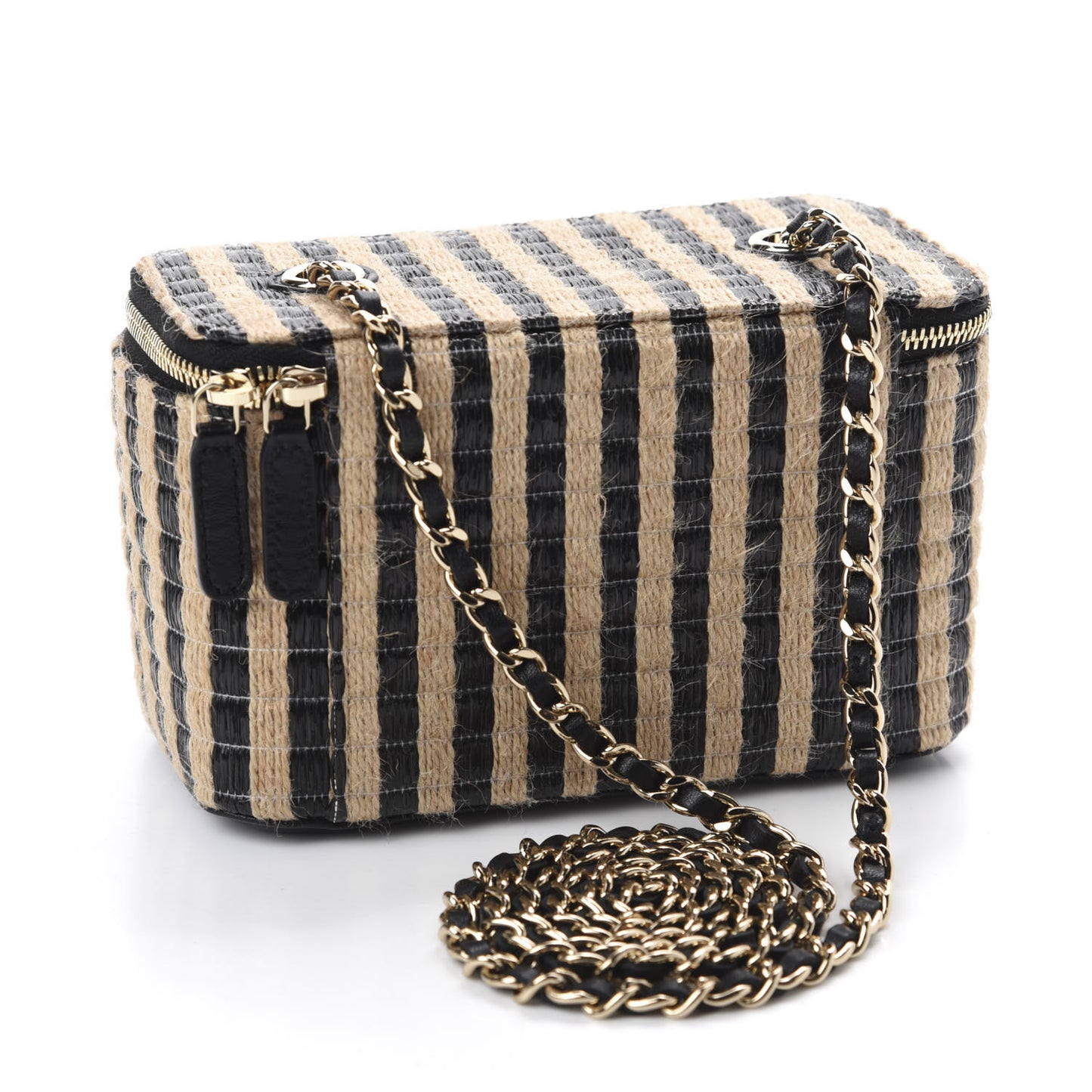 Raffia Jute Striped Small Vanity Case With Chain Black Beige
