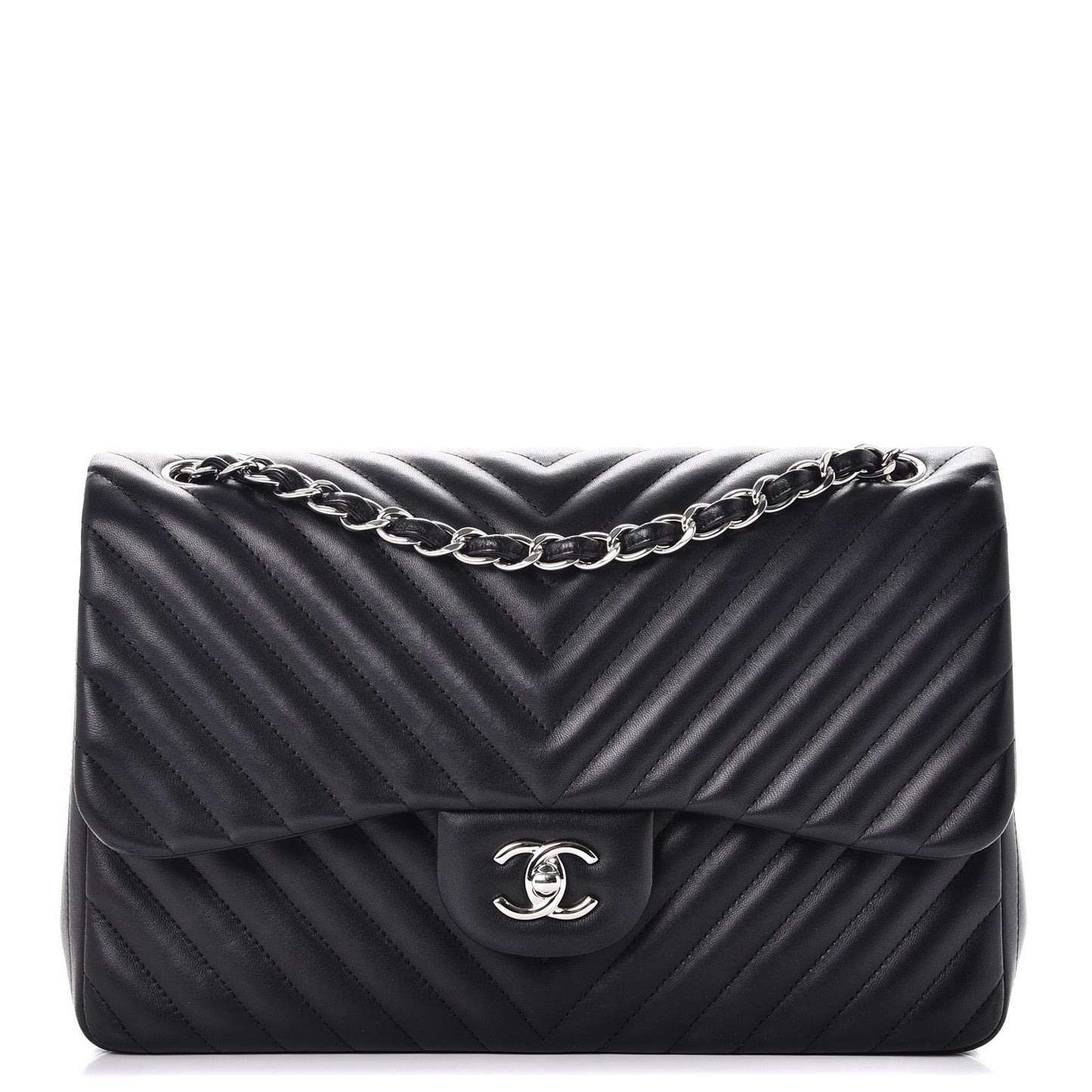 Lambskin Chevron Quilted Jumbo Double Flap Black