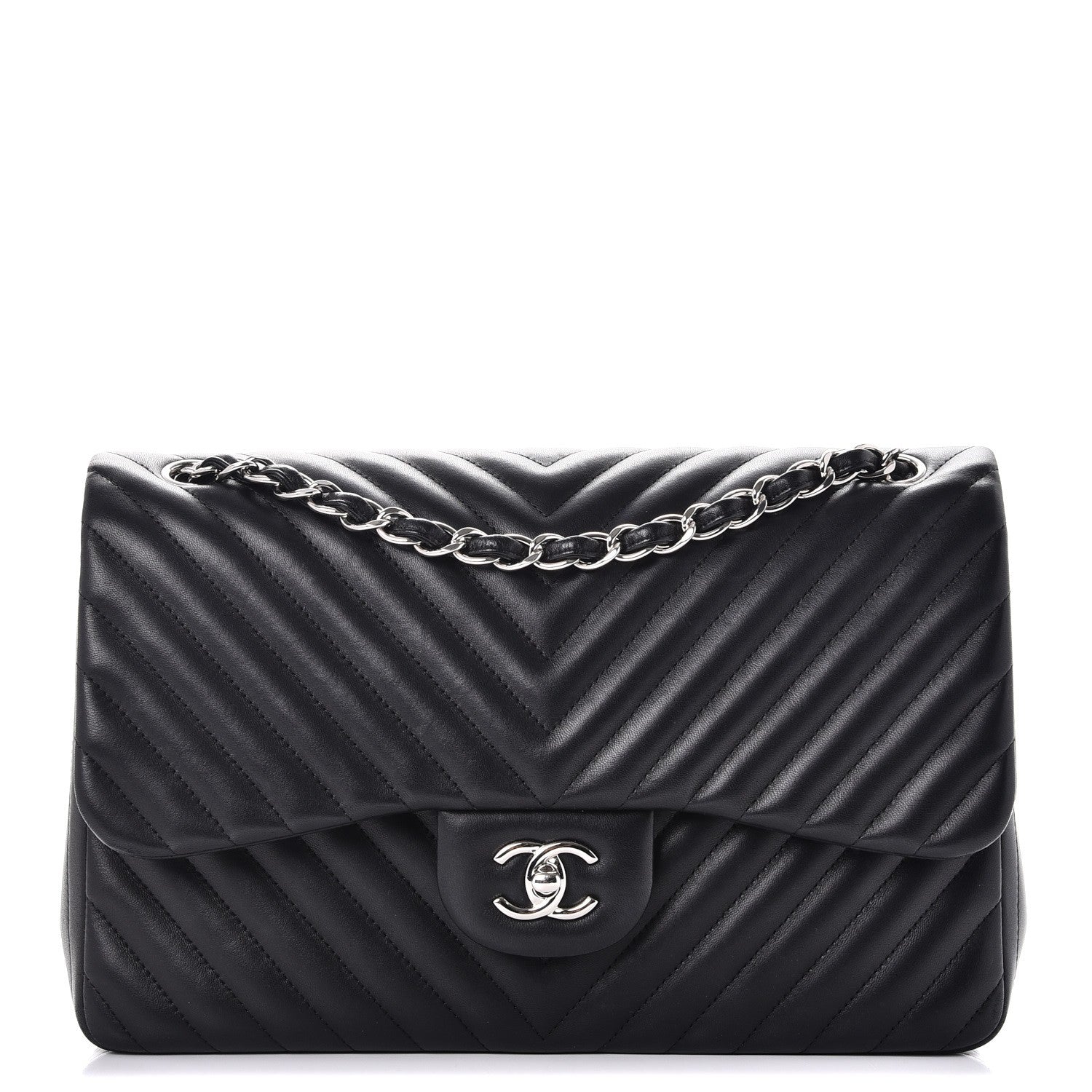 Chanel Lambskin Chevron Quilted Jumbo Double Flap Black 1 of 9