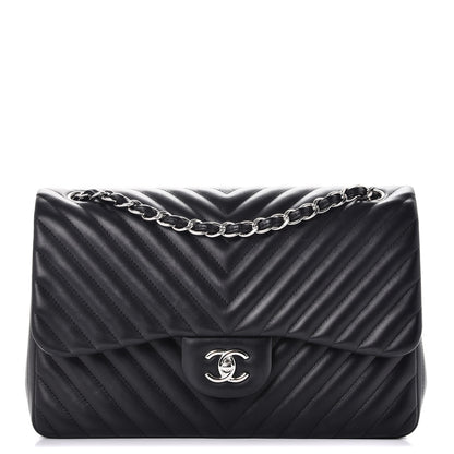Chanel Lambskin Chevron Quilted Jumbo Double Flap Black 1 of 9
