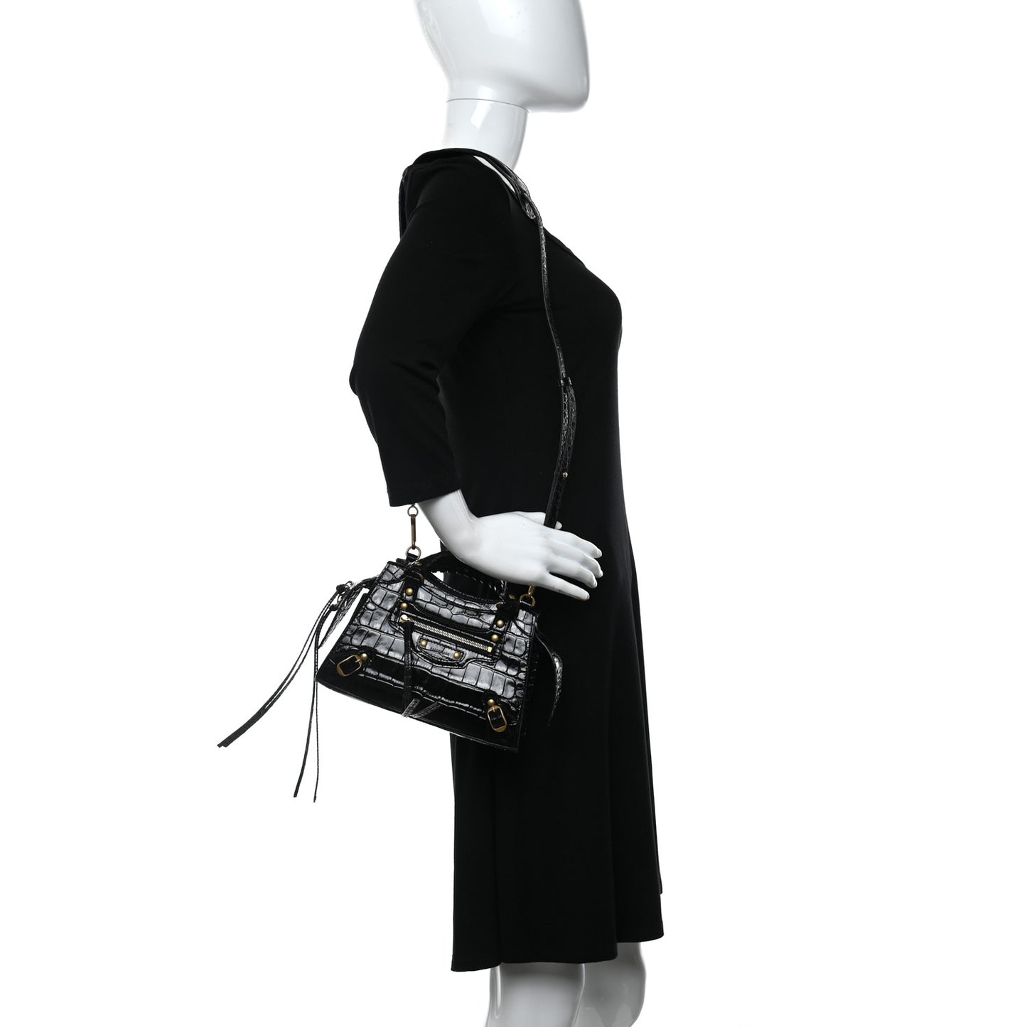 Shiny Supple Calfskin Crocodile Embossed Neo Classic Gold Hardware Nano City Crossbody Black