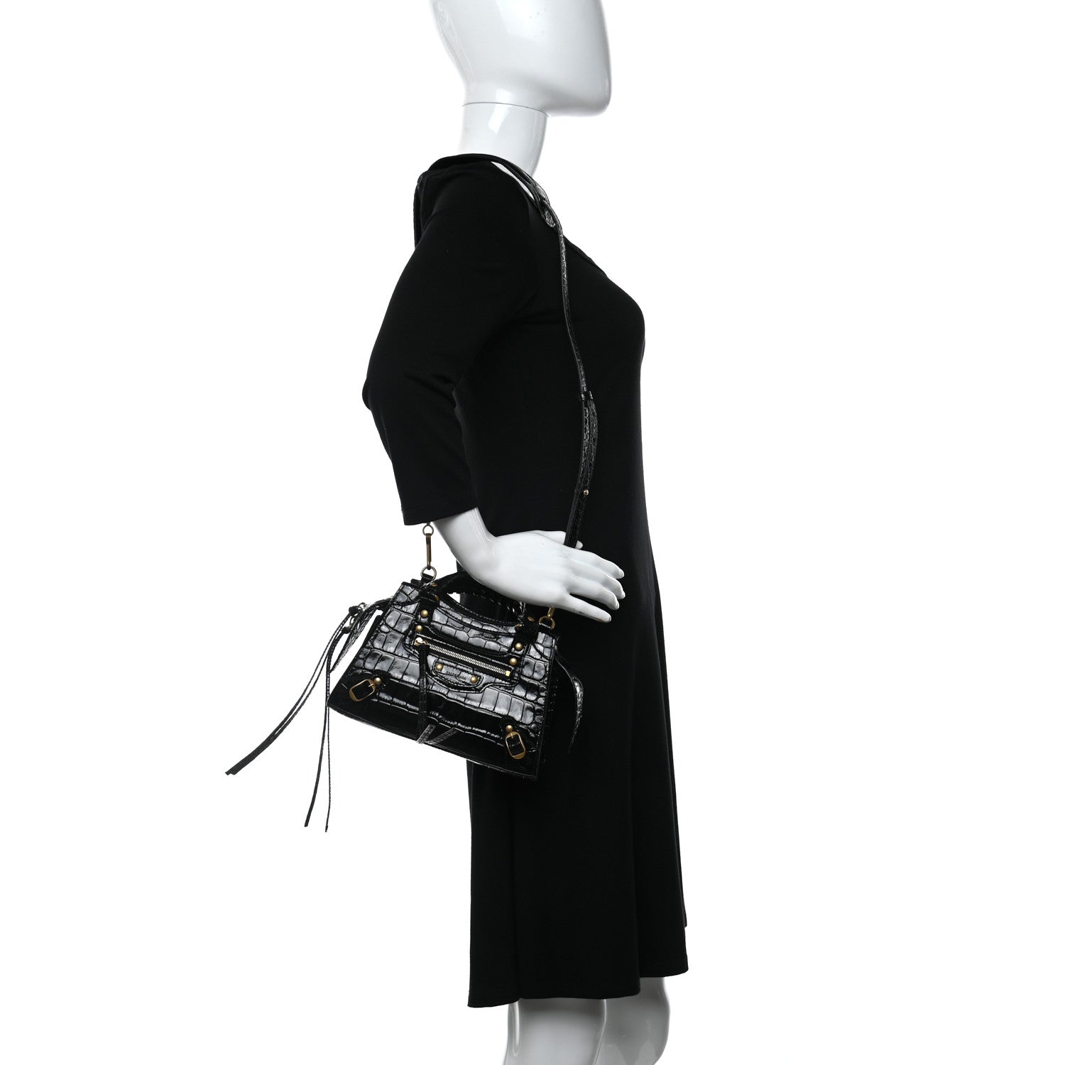 Balenciaga Shiny Supple Calfskin Crocodile Embossed Neo Classic Gold Hardware Nano City Crossbody Black 2 of 10