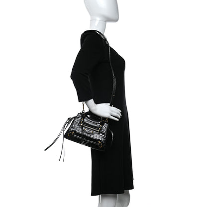 Balenciaga Shiny Supple Calfskin Crocodile Embossed Neo Classic Gold Hardware Nano City Crossbody Black 2 of 10
