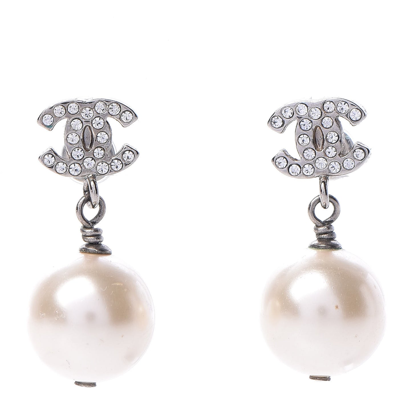 Crystal Pearl CC Drop Earrings Silver Pearly White