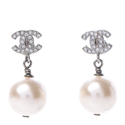 Chanel Crystal Pearl CC Drop Earrings Silver Pearly White 1 of 5
