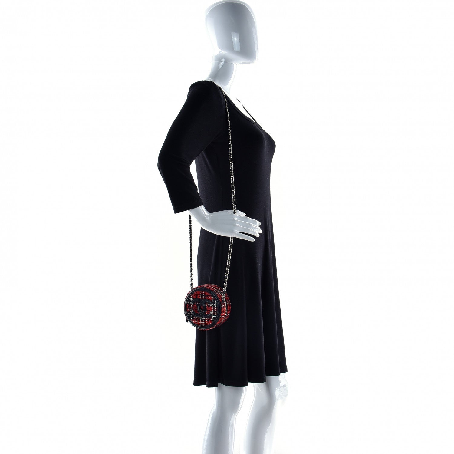 Chanel Tweed Quilted Round Filigree Clutch With Chain Red Black 3 of 13