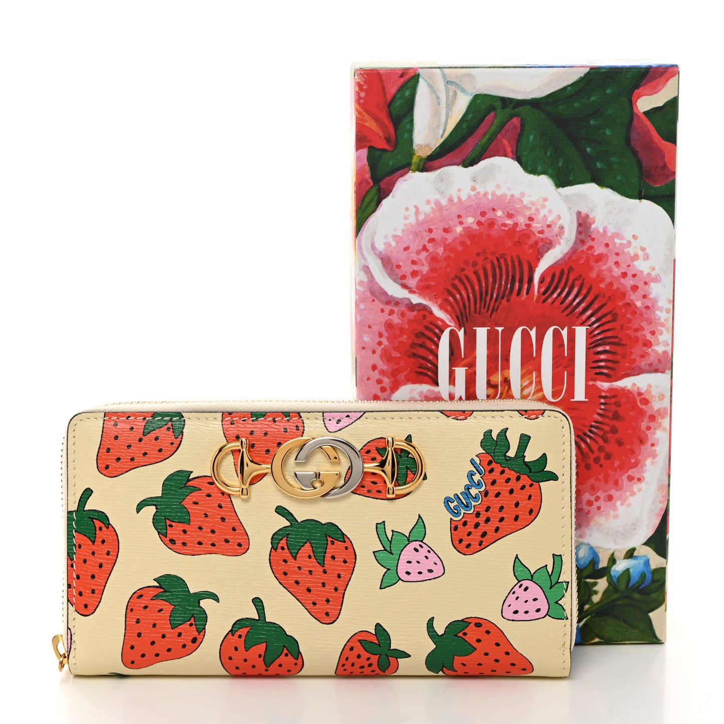 Grainy Calfskin Strawberry Zumi Zip Around Wallet Ivory Red