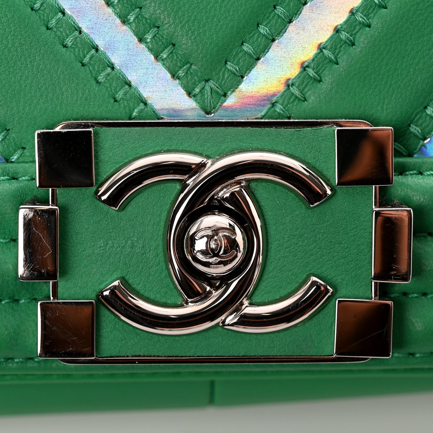 Lambskin Iridescent PVC Chevron Quilted Medium Boy Flap Green Silver
