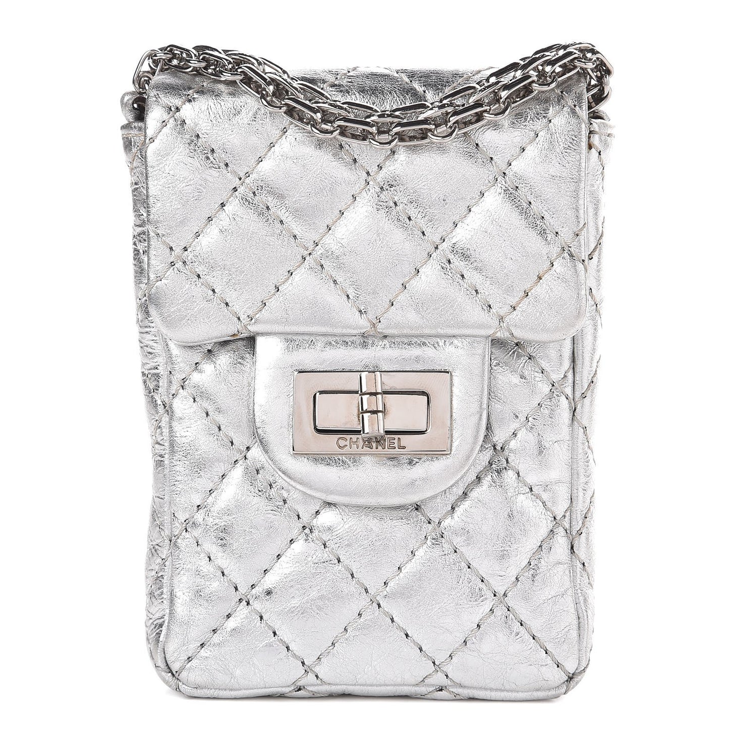Metallic Aged Calfskin Quilted 2.55 Reissue Phone Case Silver