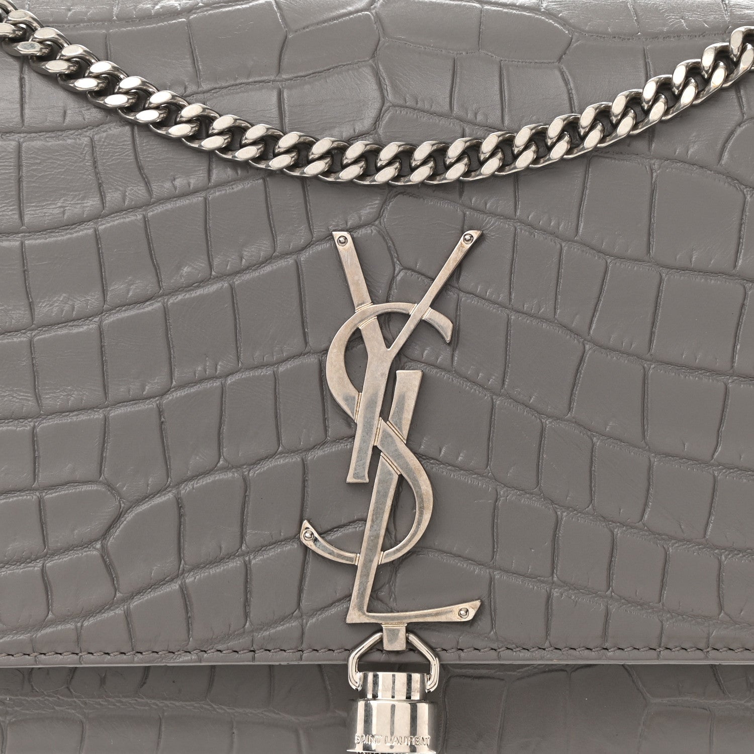 Saint Laurent Calfskin Crocodile Embossed Medium Classic Monogram Kate Tassel Satchel Fog 8 of 10