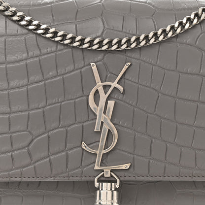 Saint Laurent Calfskin Crocodile Embossed Medium Classic Monogram Kate Tassel Satchel Fog 8 of 10