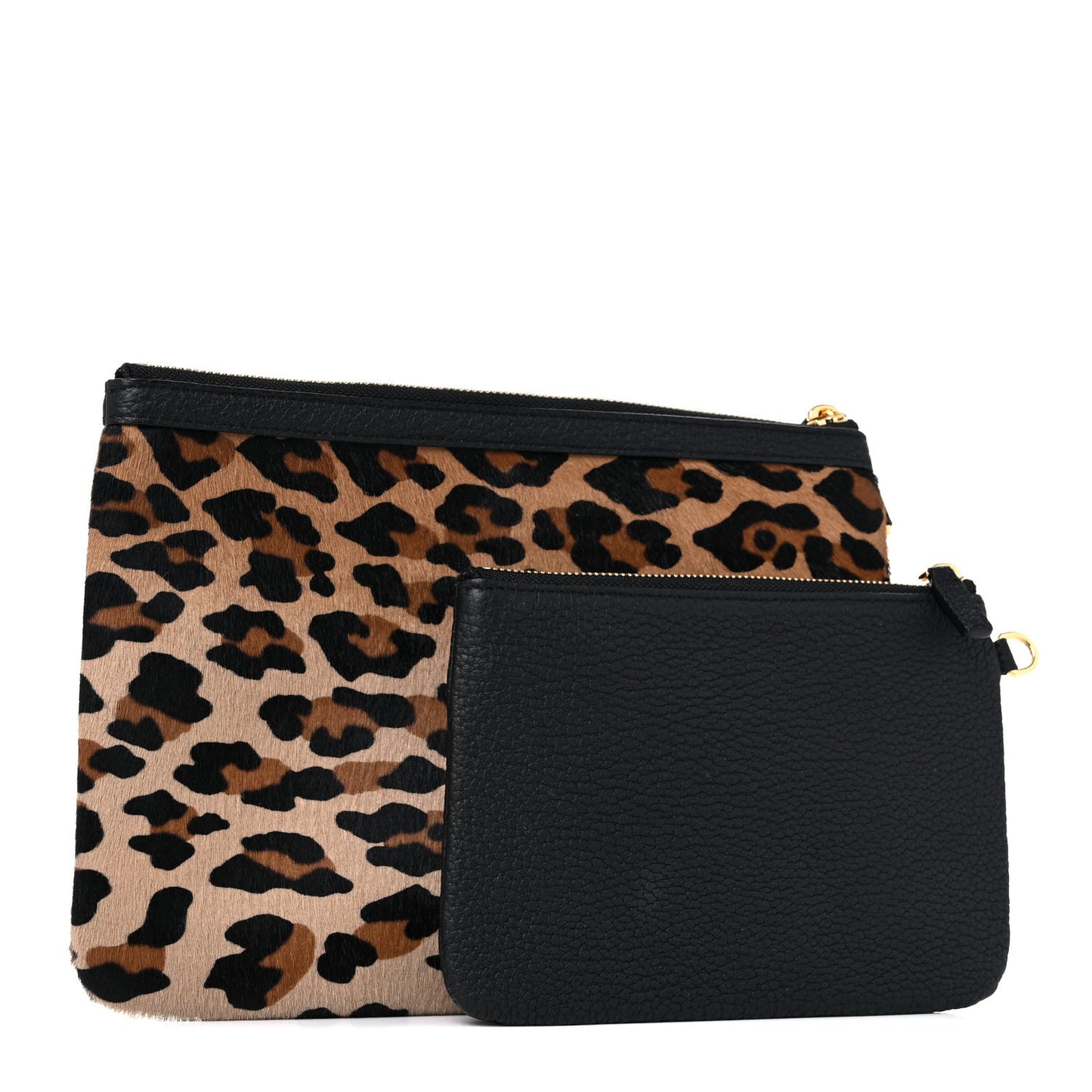 Calf Hair Calfskin Leopard Zip Pouch Set Black