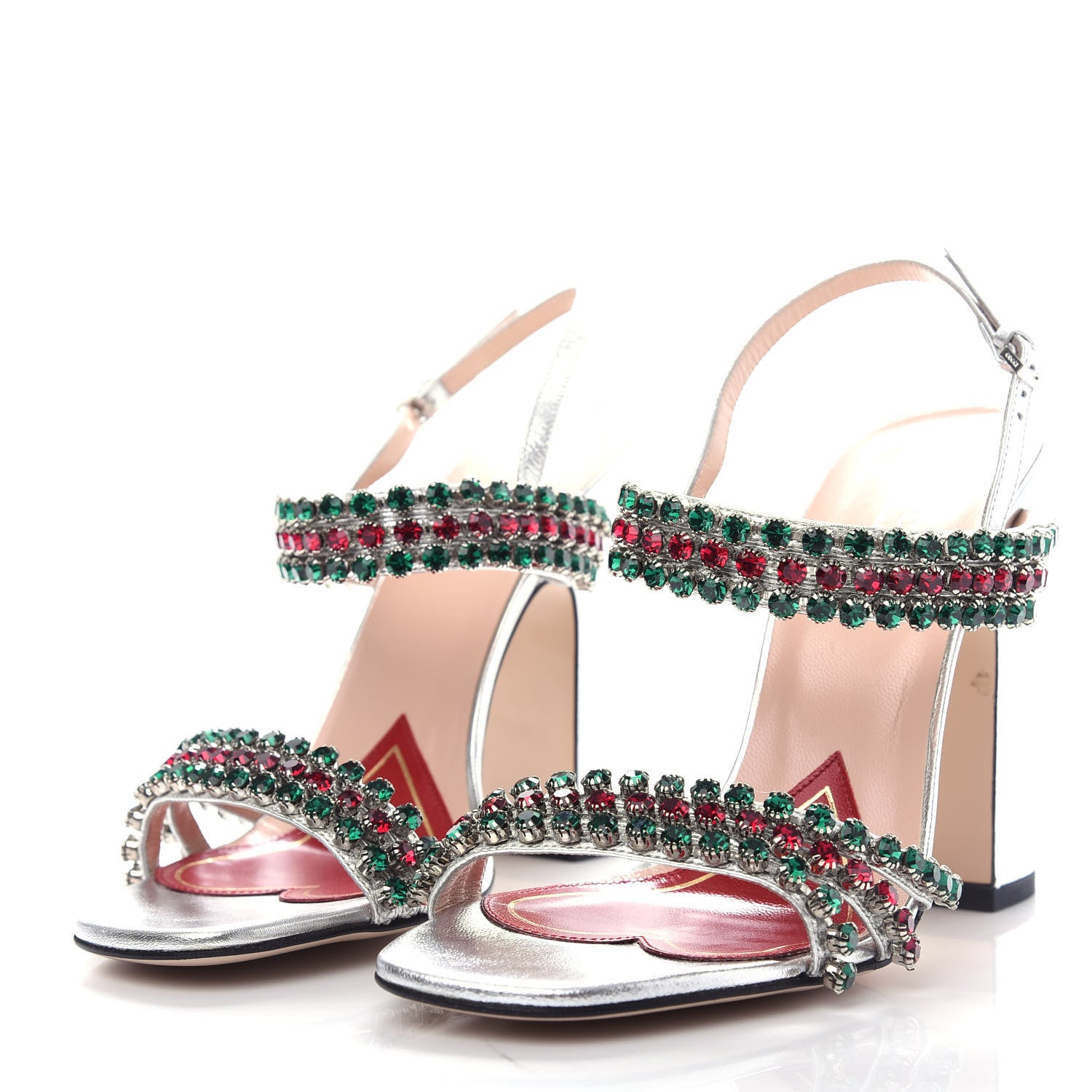 Gucci Nappa Silk Crystal Bertie High Heel Sandals 37 Argento 3 of 9