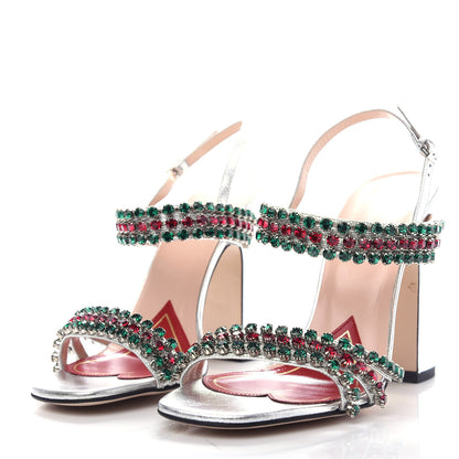 Gucci Nappa Silk Crystal Bertie High Heel Sandals 37 Argento 3 of 9