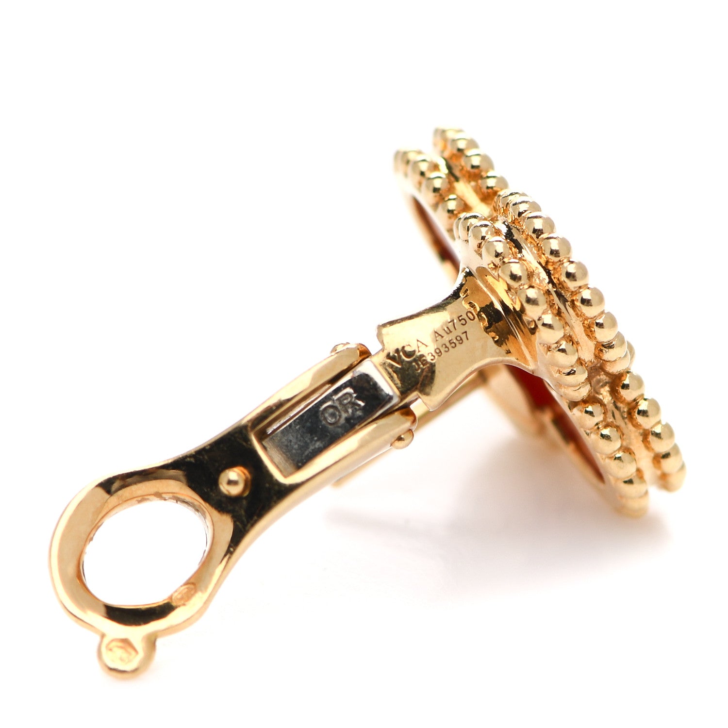 Van Cleef & Arpels 18K Yellow Gold Carnelian Vintage Alhambra Earrings 4 of 4