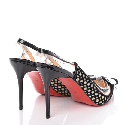 Christian Louboutin Glitter Floque Patent PVC Suspenodo Sling 85 Pumps 39 Platine Black 4 of 7