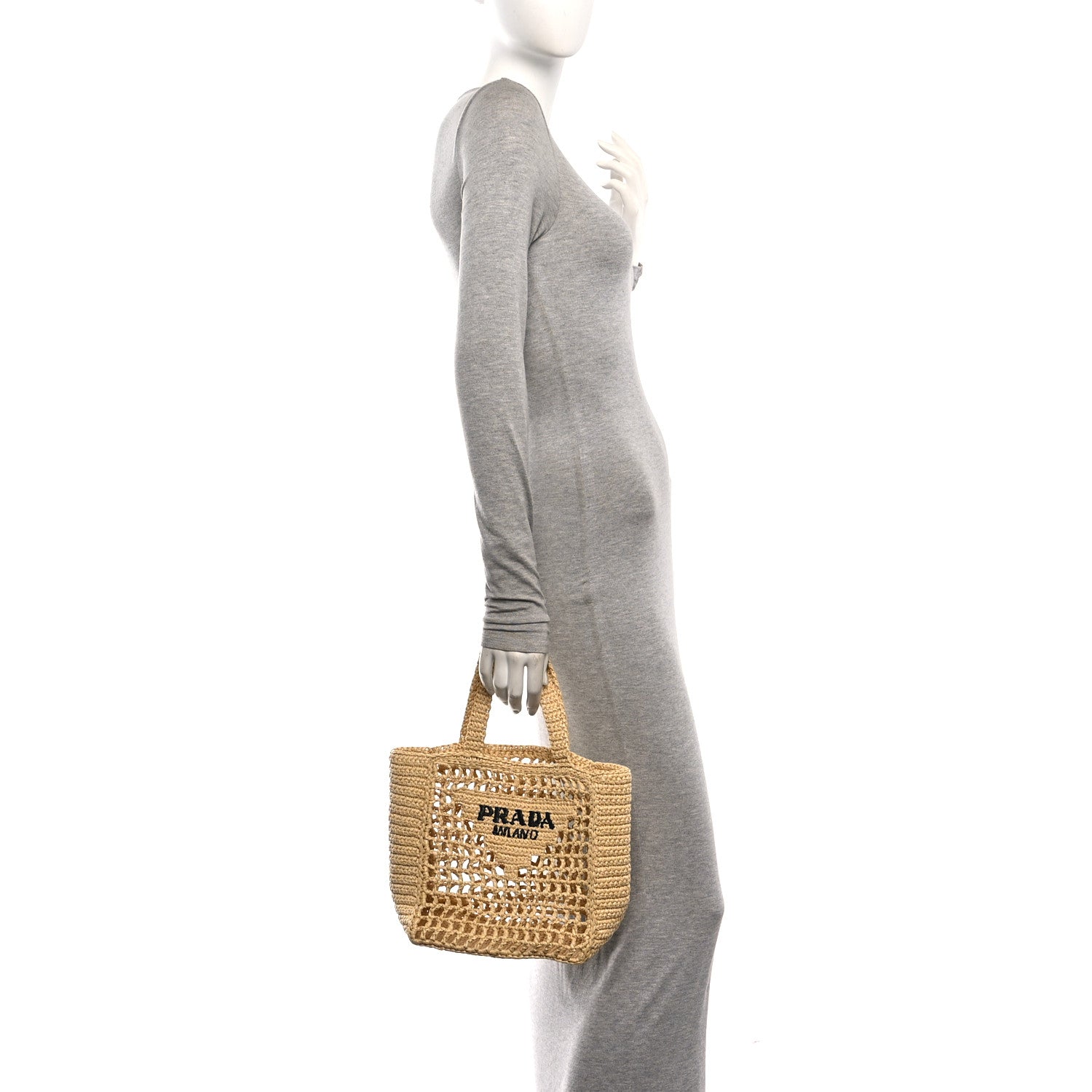 Prada Yarn Raffia Effect Crochet Logo Embroidered Small Tote Bag Naturale 2 of 9