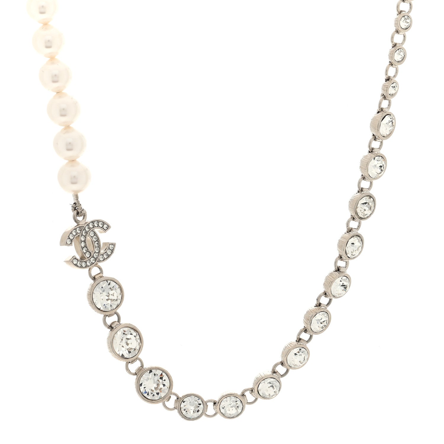 Chanel Pearl Crystal CC Choker Necklace Silver 1 of 5