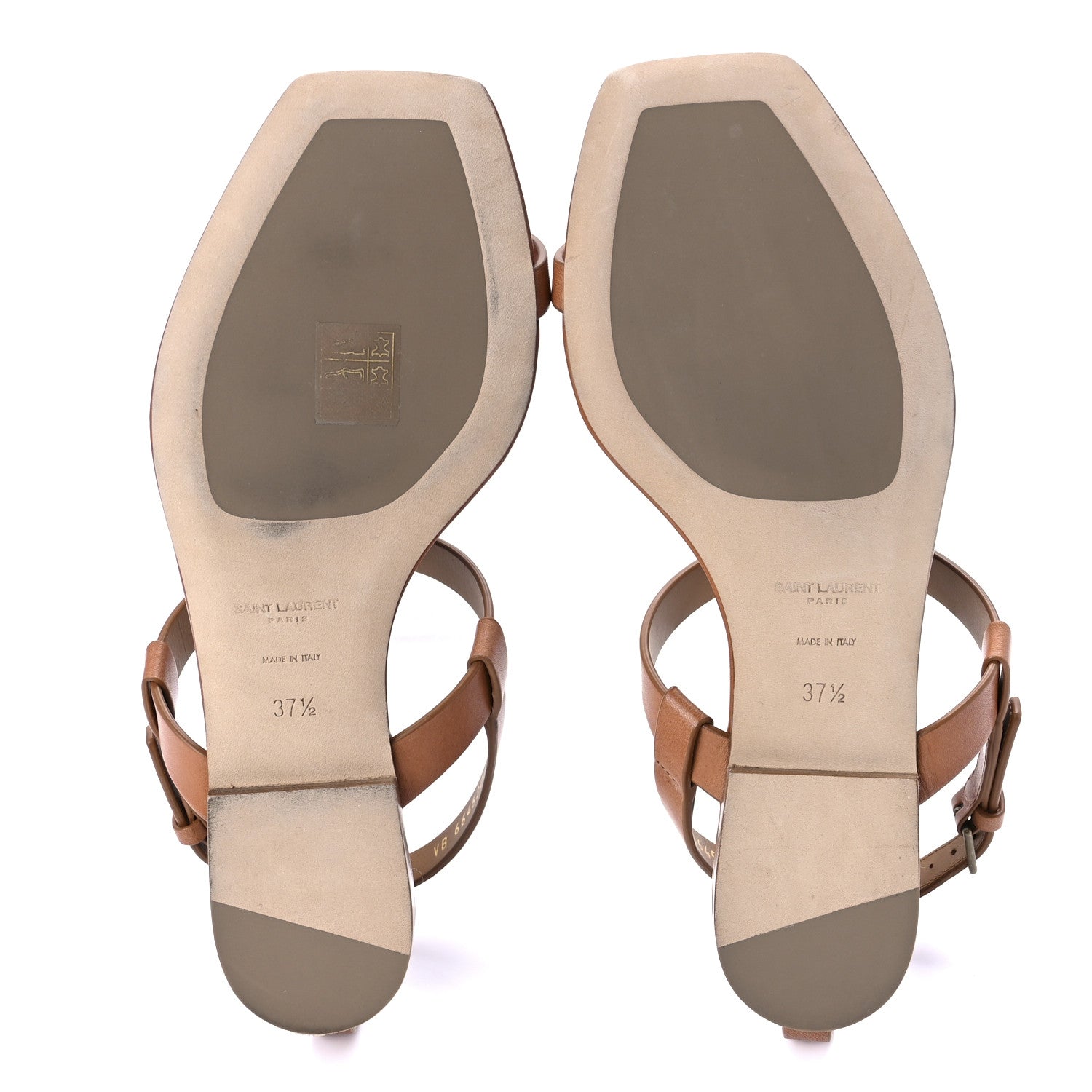 Saint Laurent Calfskin Cassandra Monogram Sandals 37.5 Tan 5 of 9