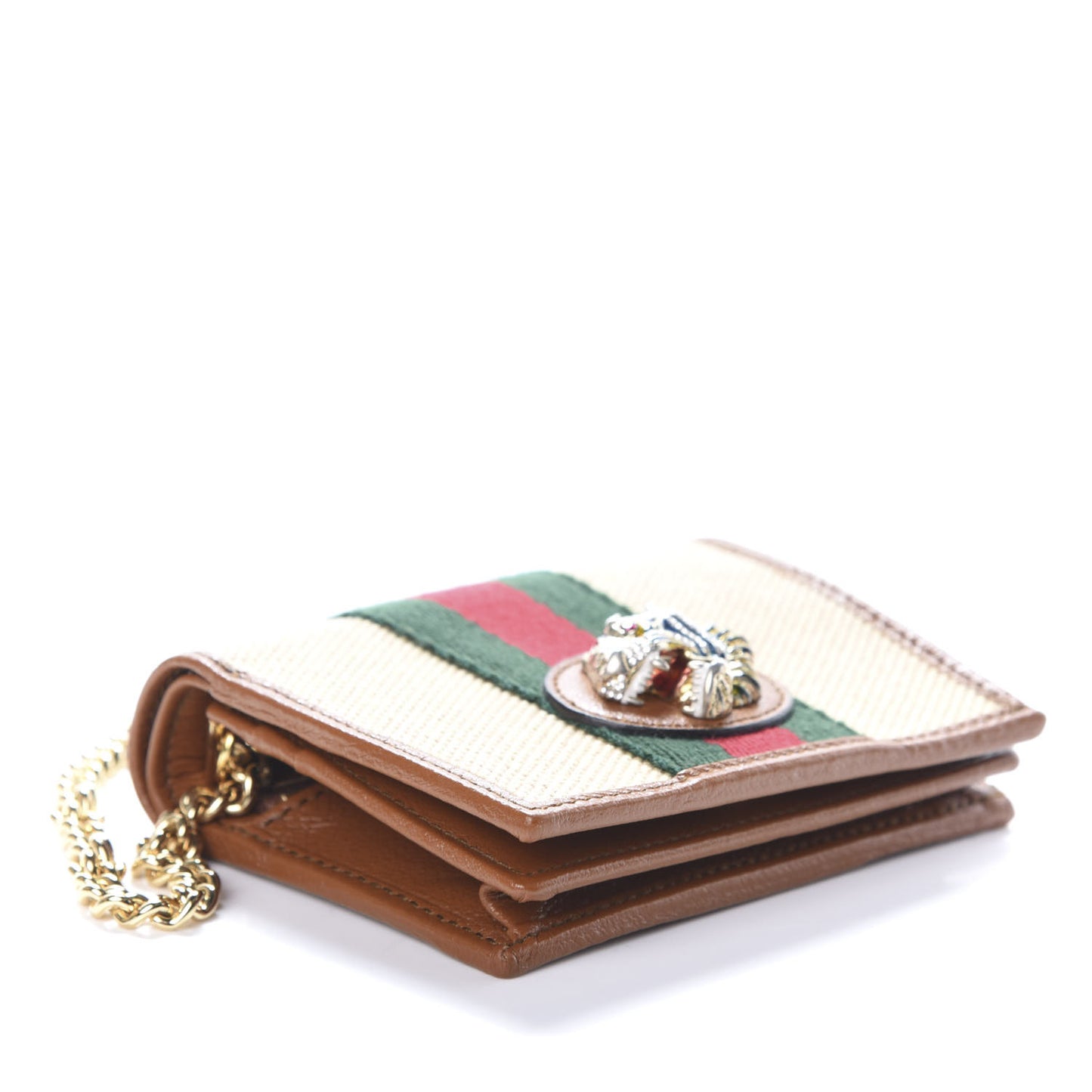 Canvas Calfskin Web Rajah Chain Card Case Wallet Sand Light Cuir