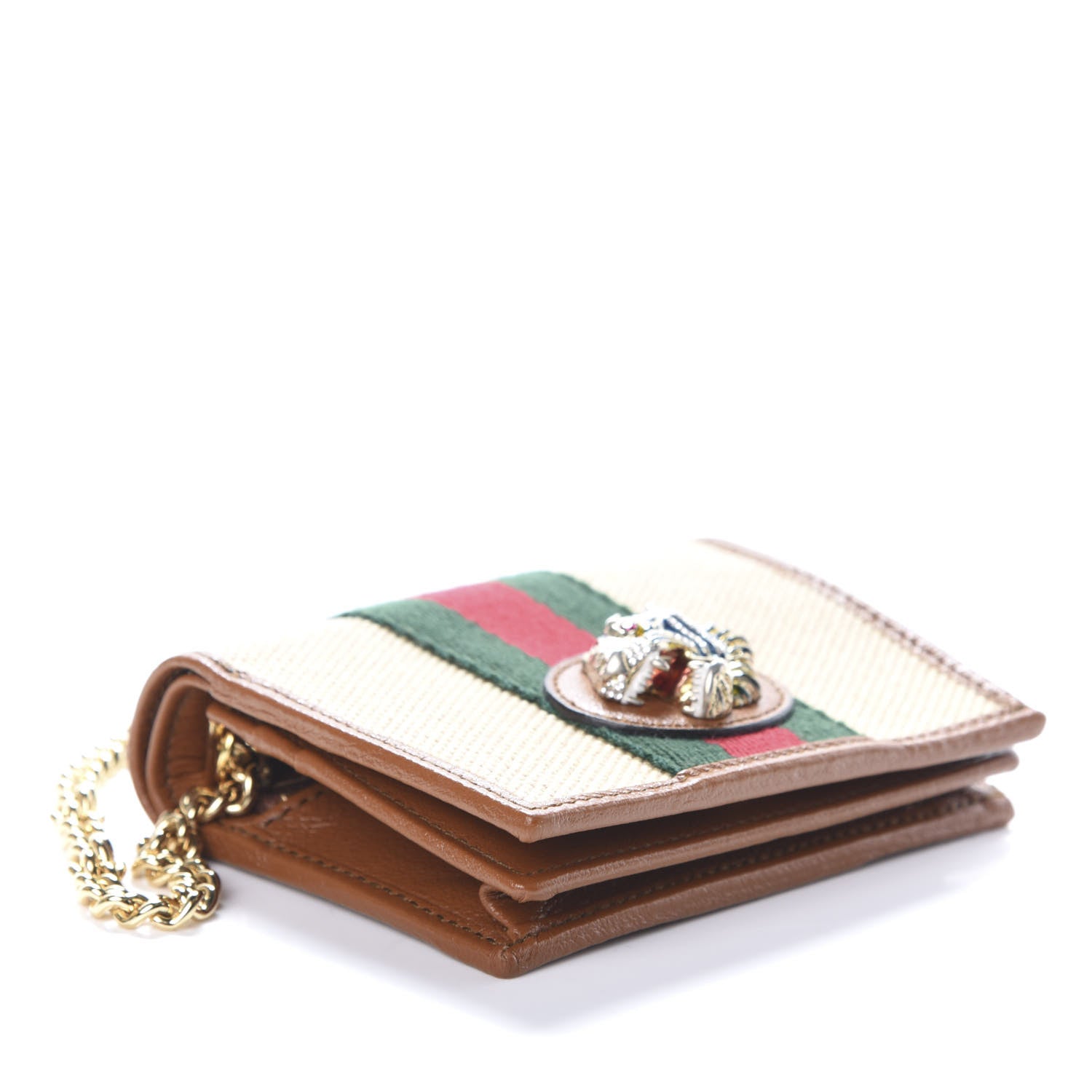 Gucci Canvas Calfskin Web Rajah Chain Card Case Wallet Sand Light Cuir 4 of 8